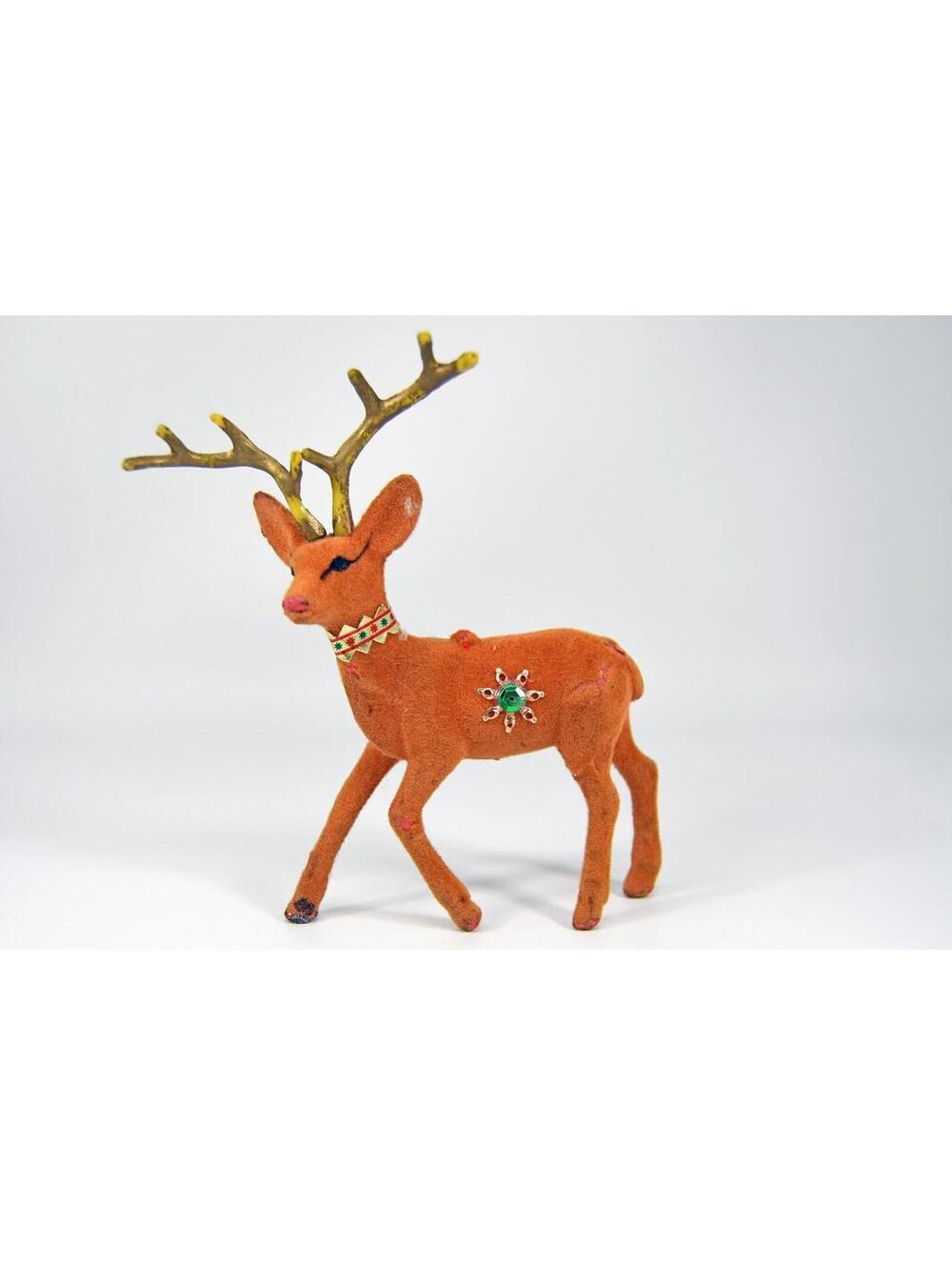 Vintage Flocked Blow Mold Plastic Reindeer Deer Christmas Sequin 5" Retro MCM